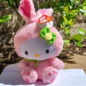 Ty Pink Hello Kitty Bunny Plush with Green Flower Accent